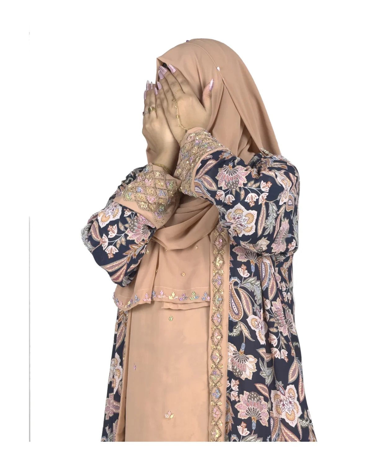 Paisley Rose navy paisley-floral print with a built-in camel inner layer abaya front three-quarter view with navy paisley print with a gold sequin border