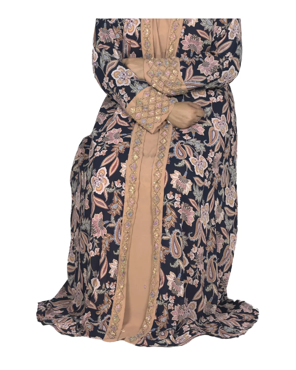 Paisley Rose navy paisley-floral print with a built-in camel inner layer abaya front three-quarter view with navy paisley print with a gold sequin border