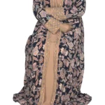 Paisley Rose navy paisley-floral print with a built-in camel inner layer abaya front three-quarter view with navy paisley print with a gold sequin border