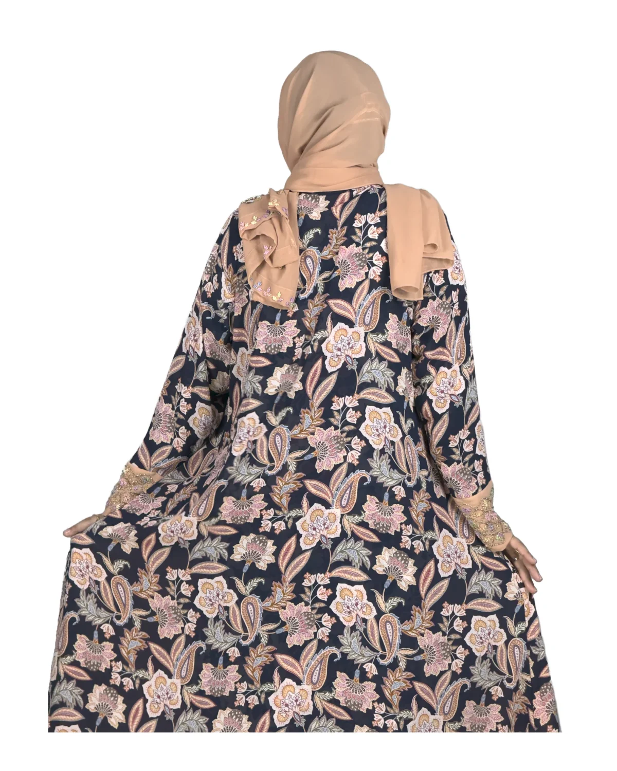 Paisley Rose navy paisley-floral print with a built-in camel inner layer abaya front three-quarter view with navy paisley print with a gold sequin border
