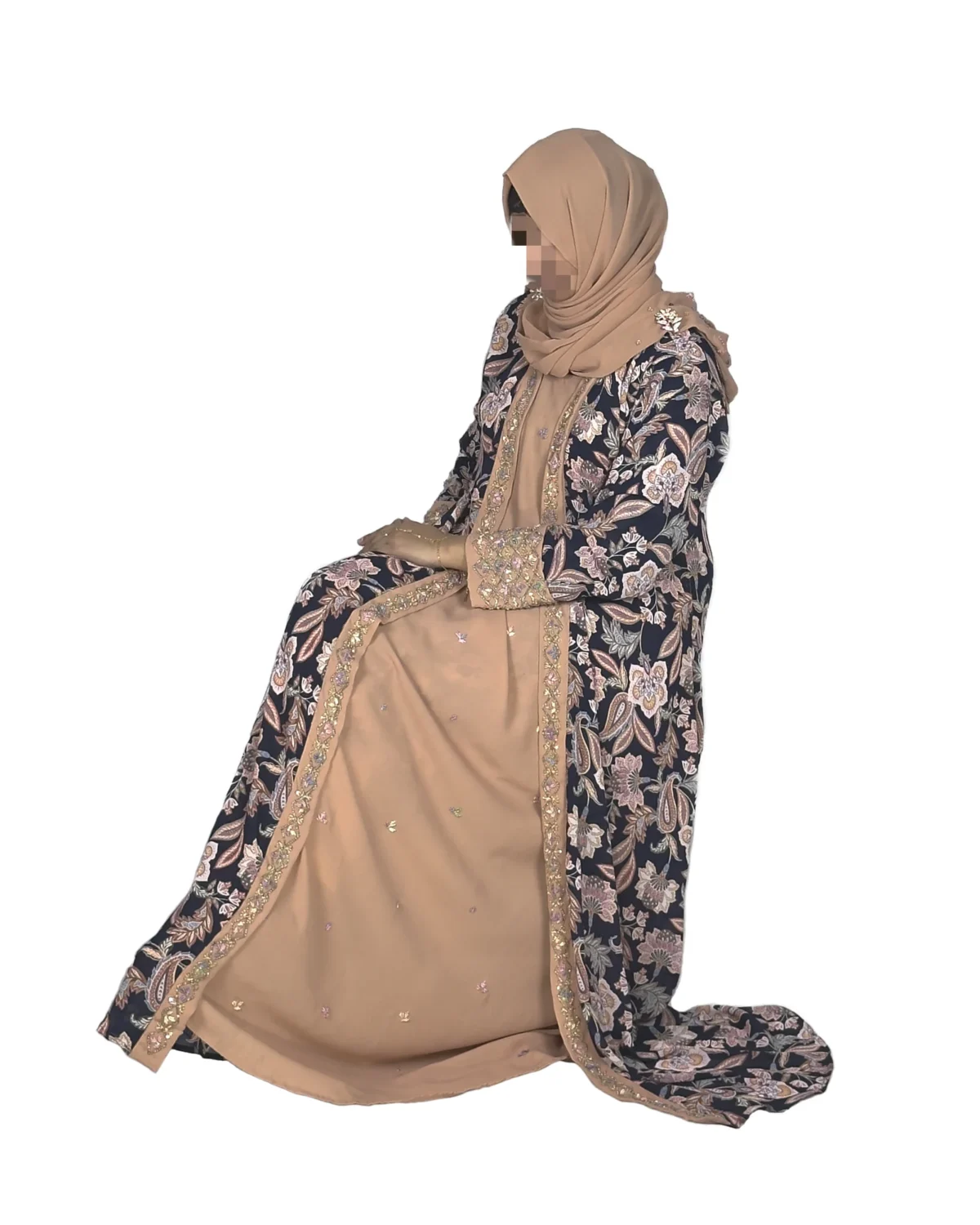 Paisley Rose navy paisley-floral print with a built-in camel inner layer abaya front three-quarter view with navy paisley print with a gold sequin border