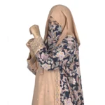 Paisley Rose navy paisley-floral print with a built-in camel inner layer abaya front three-quarter view with navy paisley print with a gold sequin border