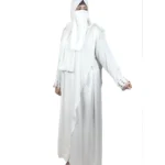 Pearl Drape white abaya front view with saree-style drape and multicolour beaded cuffs