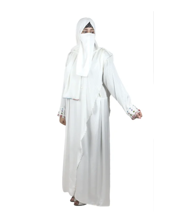 Pearl Drape white abaya front view with saree-style drape and multicolour beaded cuffs