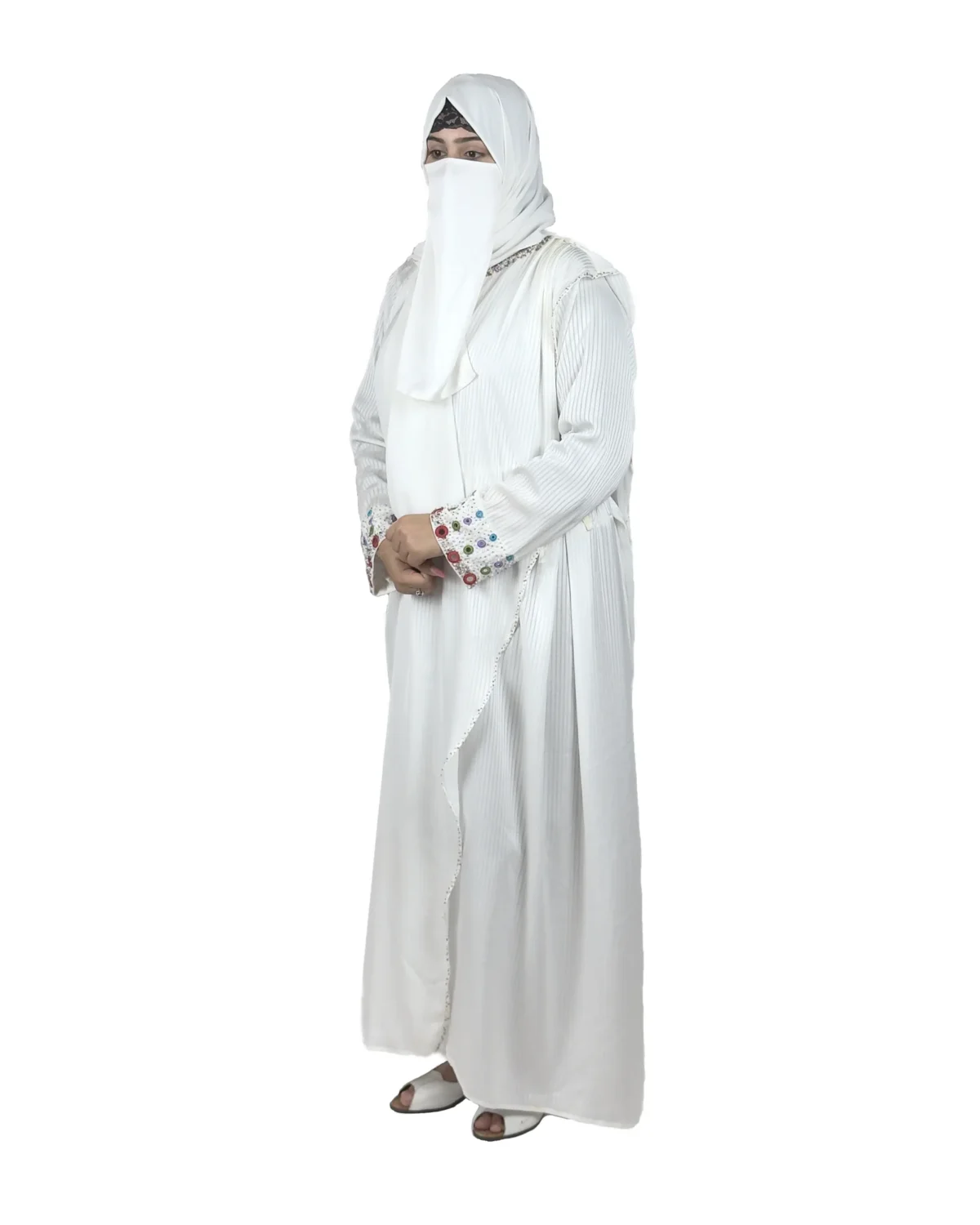Pearl Drape white abaya front view with saree-style drape and multicolour beaded cuffs