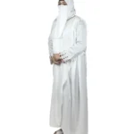 Pearl Drape white abaya front view with saree-style drape and multicolour beaded cuffs
