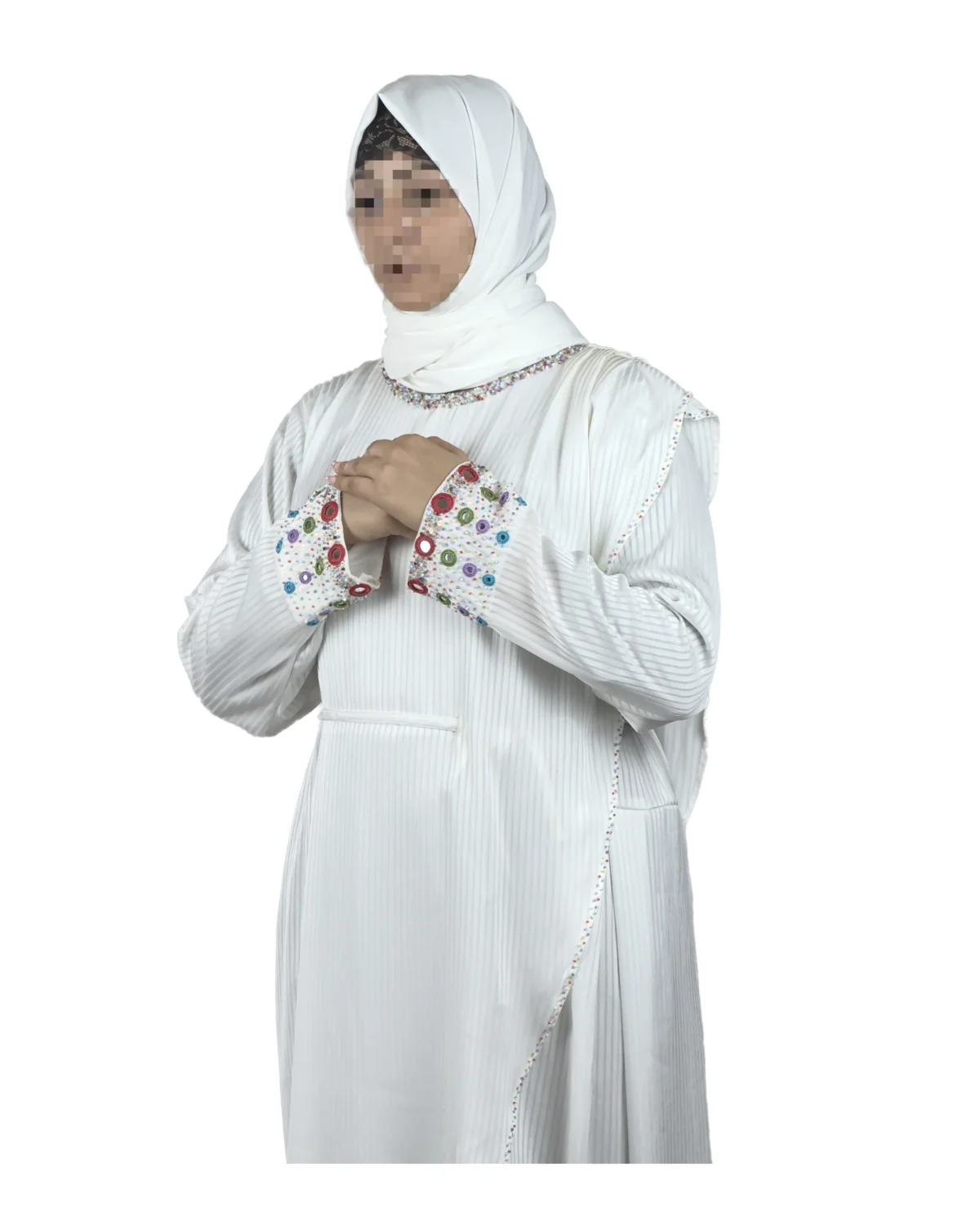 Pearl Drape white abaya front view with saree-style drape and multicolour beaded cuffs