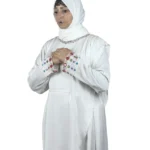 Pearl Drape white abaya front view with saree-style drape and multicolour beaded cuffs