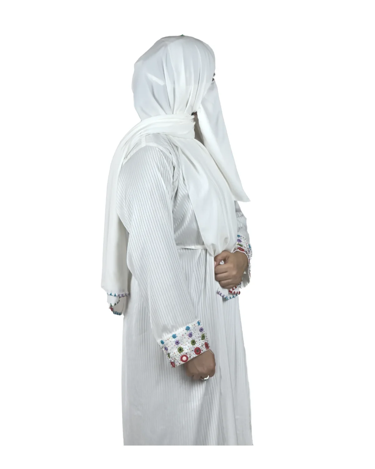 Pearl Drape white abaya side profile view with saree-style drape and multicolour beaded cuffs