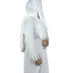 Pearl Drape white abaya side profile view with saree-style drape and multicolour beaded cuffs