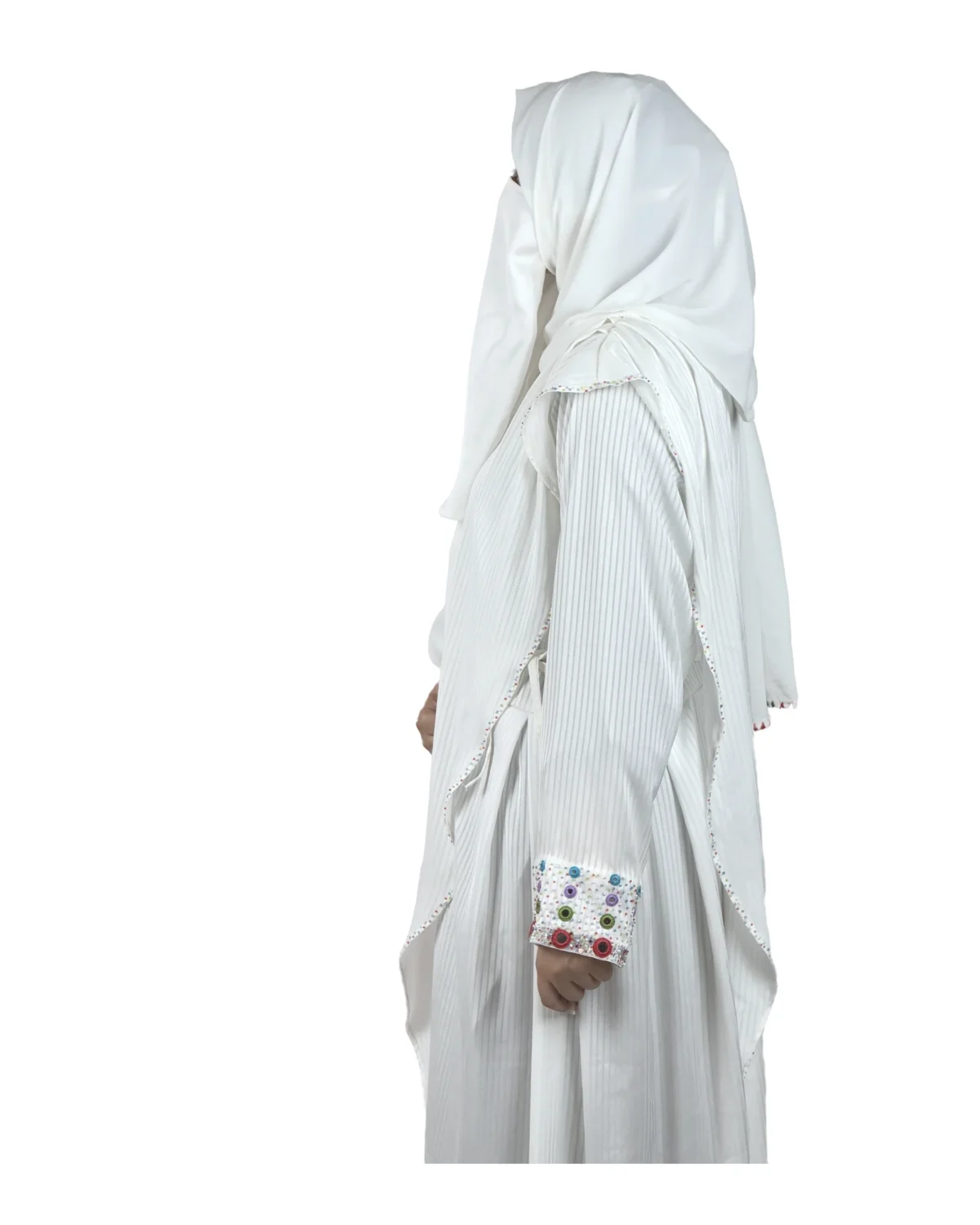 Pearl Drape white abaya side profile view with saree-style drape and multicolour beaded cuffs