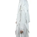 Pearl Drape white abaya side profile view with saree-style drape and multicolour beaded cuffs