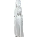 Pearl Drape white abaya side profile view with saree-style drape and multicolour beaded cuffs