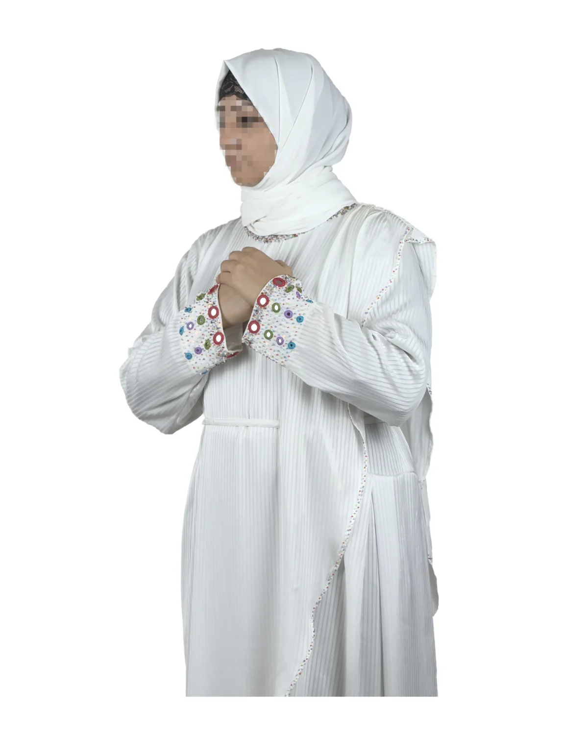 Pearl Drape white abaya front three-quarter view with saree-style drape and multicolour beaded cuffs