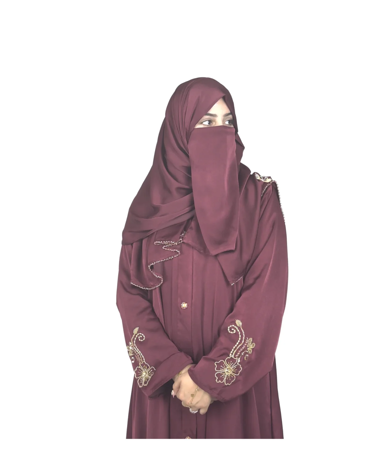 Ruby Bloom deep maroon / wine abaya front view with hand-beaded gold floral motifs on the cuffs and hem slits