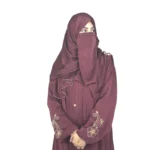 Ruby Bloom deep maroon / wine abaya front view with hand-beaded gold floral motifs on the cuffs and hem slits