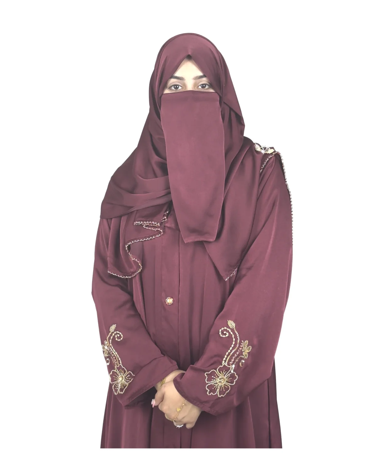 Ruby Bloom deep maroon / wine abaya front view with hand-beaded gold floral motifs on the cuffs and hem slits