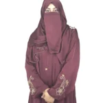 Ruby Bloom deep maroon / wine abaya front view with hand-beaded gold floral motifs on the cuffs and hem slits