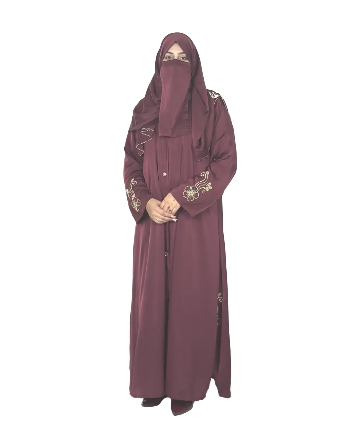 Ruby Bloom deep maroon / wine abaya front view with hand-beaded gold floral motifs on the cuffs and hem slits