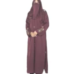 Ruby Bloom deep maroon / wine abaya front view with hand-beaded gold floral motifs on the cuffs and hem slits