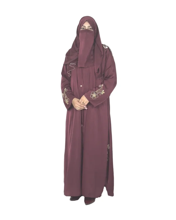 Ruby Bloom deep maroon / wine abaya front view with hand-beaded gold floral motifs on the cuffs and hem slits