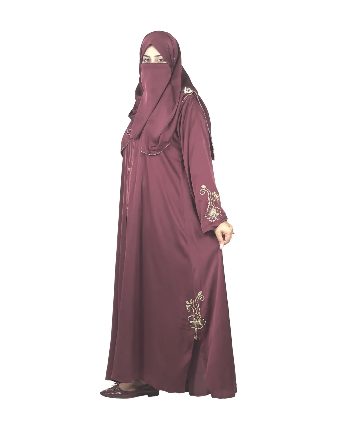Ruby Bloom deep maroon / wine abaya front view with hand-beaded gold floral motifs on the cuffs and hem slits