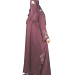 Ruby Bloom deep maroon / wine abaya front view with hand-beaded gold floral motifs on the cuffs and hem slits
