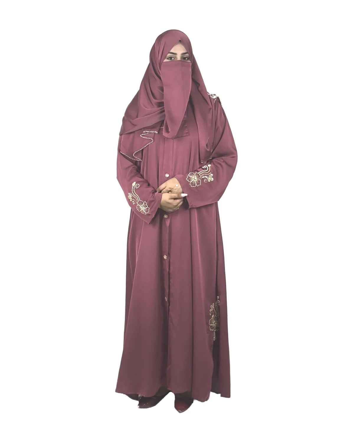 Ruby Bloom deep maroon / wine abaya front view with hand-beaded gold floral motifs on the cuffs and hem slits