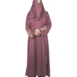 Ruby Bloom deep maroon / wine abaya front view with hand-beaded gold floral motifs on the cuffs and hem slits