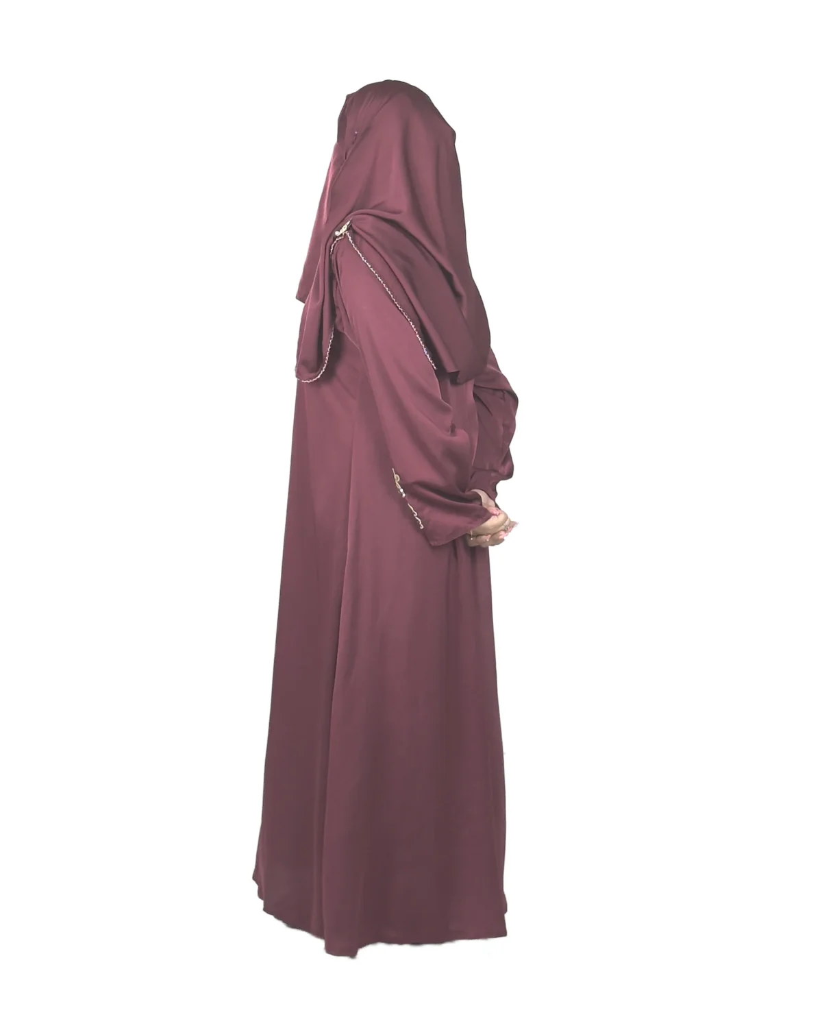 Ruby Bloom deep maroon / wine abaya side profile view with hand-beaded gold floral motifs on the cuffs and hem slits