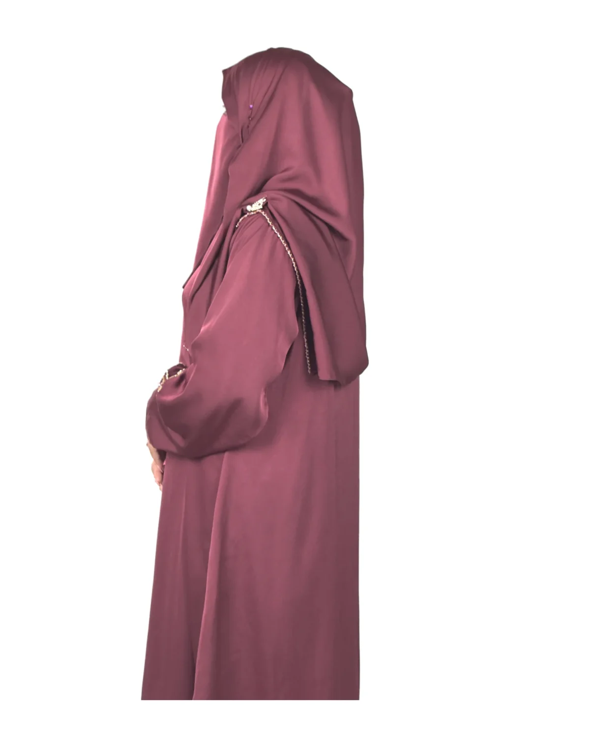 Ruby Bloom deep maroon / wine abaya side profile view with hand-beaded gold floral motifs on the cuffs and hem slits