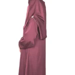 Ruby Bloom deep maroon / wine abaya side profile view with hand-beaded gold floral motifs on the cuffs and hem slits