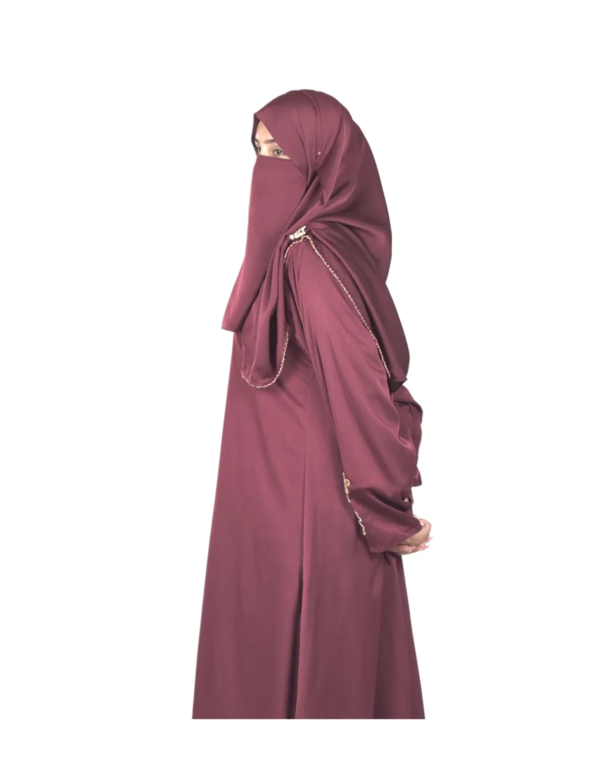 Ruby Bloom deep maroon / wine abaya side profile view with hand-beaded gold floral motifs on the cuffs and hem slits