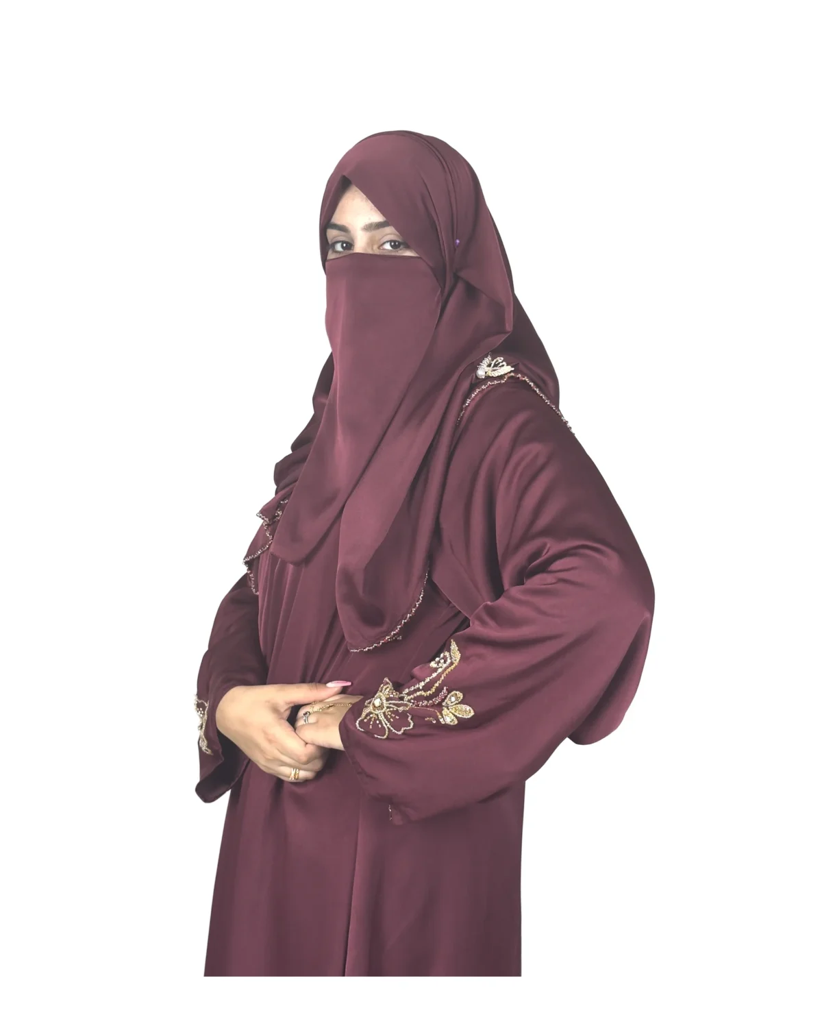 Ruby Bloom deep maroon / wine abaya front three-quarter view with hand-beaded gold floral motifs on the cuffs and hem slits