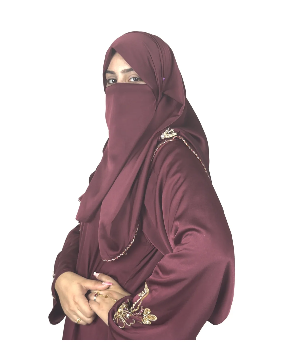 Ruby Bloom deep maroon / wine abaya front three-quarter view with hand-beaded gold floral motifs on the cuffs and hem slits
