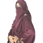 Ruby Bloom deep maroon / wine abaya front three-quarter view with hand-beaded gold floral motifs on the cuffs and hem slits