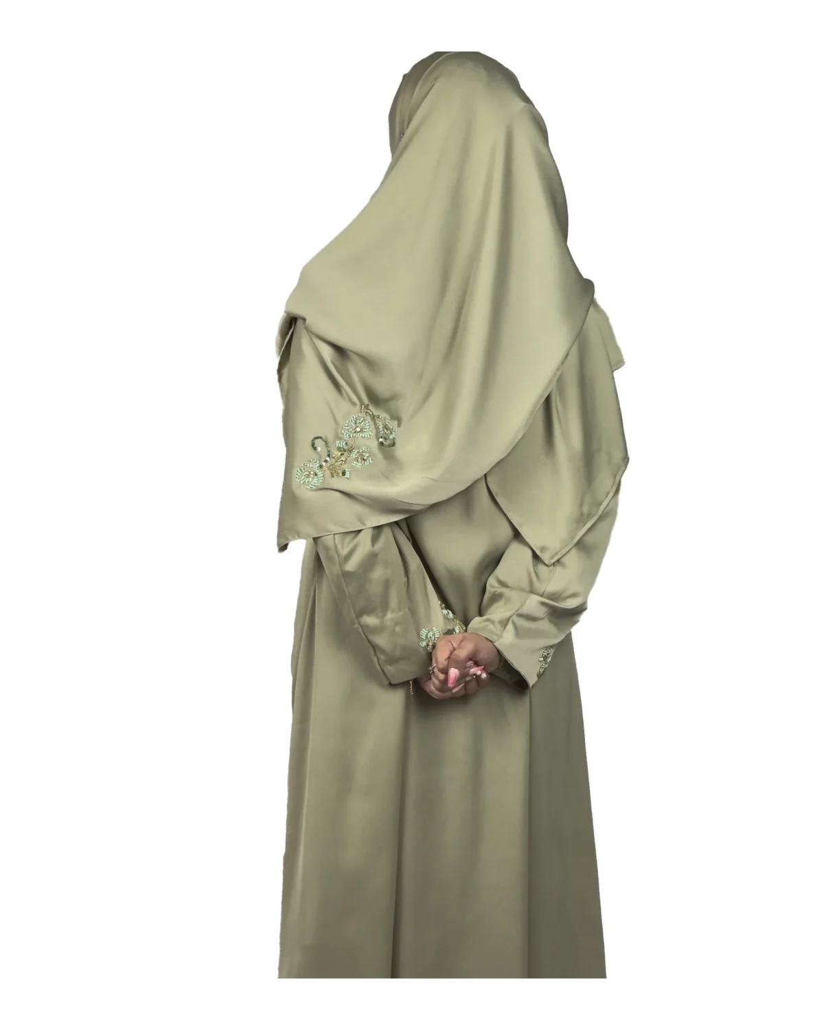 Sage Bloom sage green abaya front view with tone-on-tone floral vine embroidery