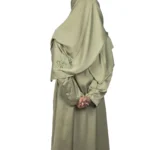 Sage Bloom sage green abaya front view with tone-on-tone floral vine embroidery