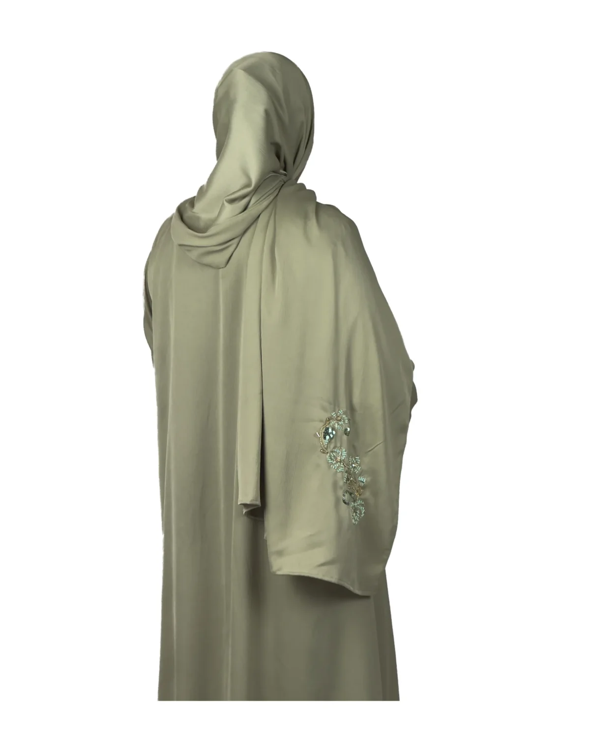 Sage Bloom sage green abaya back view with tone-on-tone floral vine embroidery