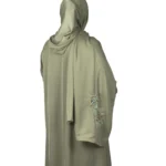 Sage Bloom sage green abaya back view with tone-on-tone floral vine embroidery