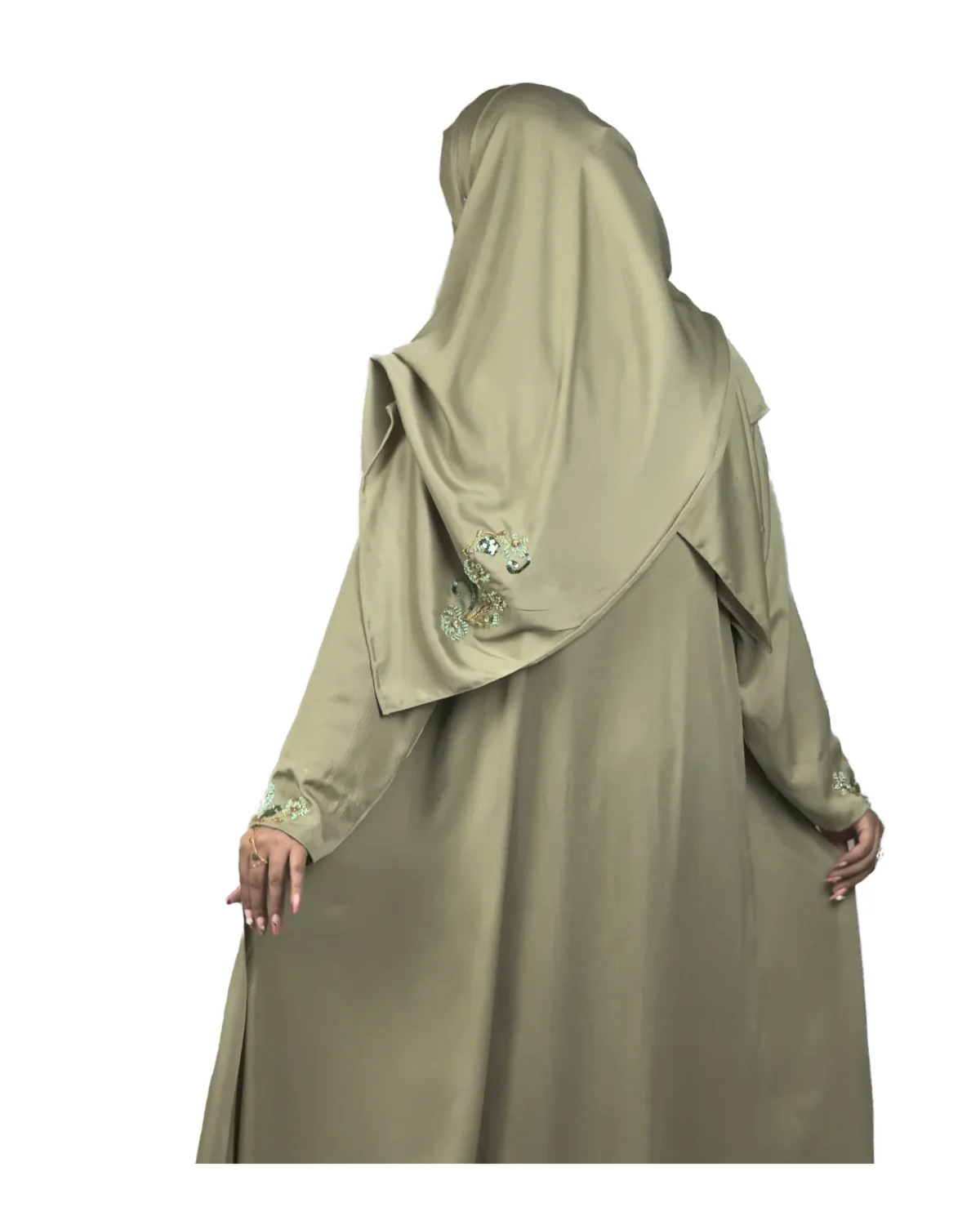 Sage Bloom sage green abaya back view with tone-on-tone floral vine embroidery