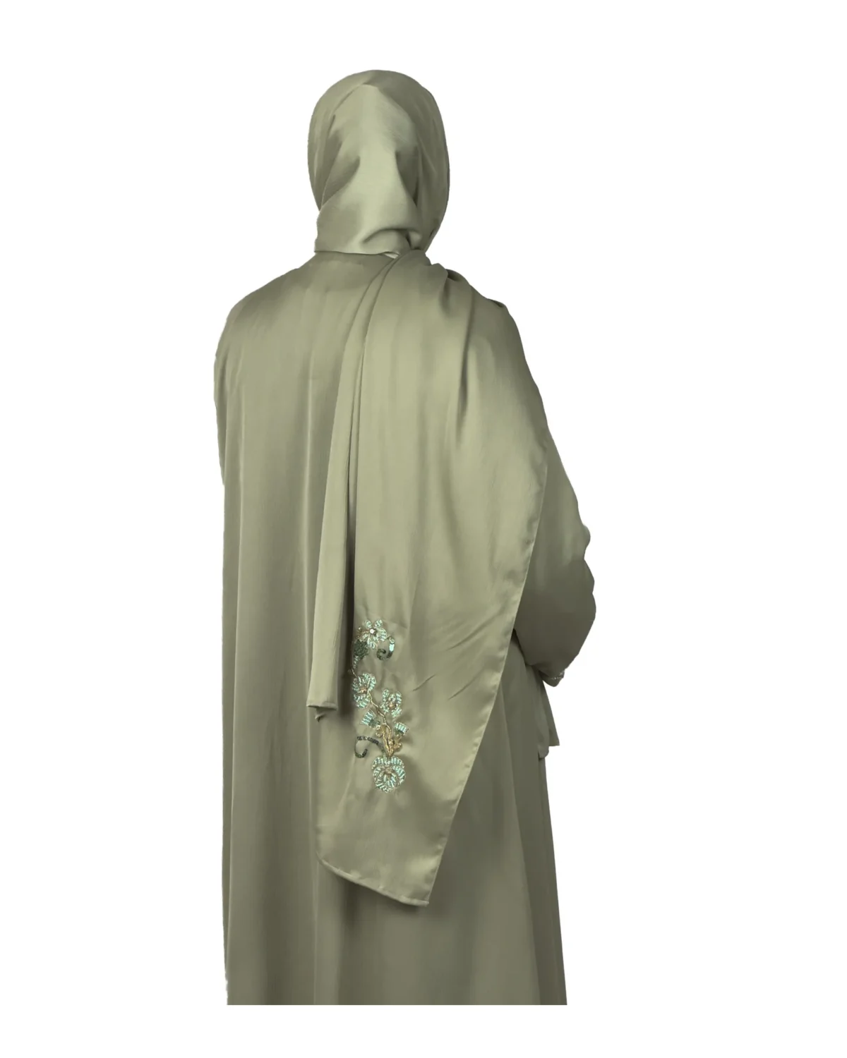 Sage Bloom sage green abaya back view with tone-on-tone floral vine embroidery