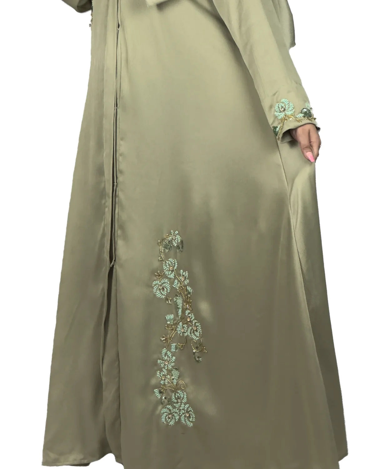 Sage Bloom sage green abaya close-up of the tone-on-tone floral vine embroidery