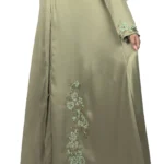 Sage Bloom sage green abaya close-up of the tone-on-tone floral vine embroidery