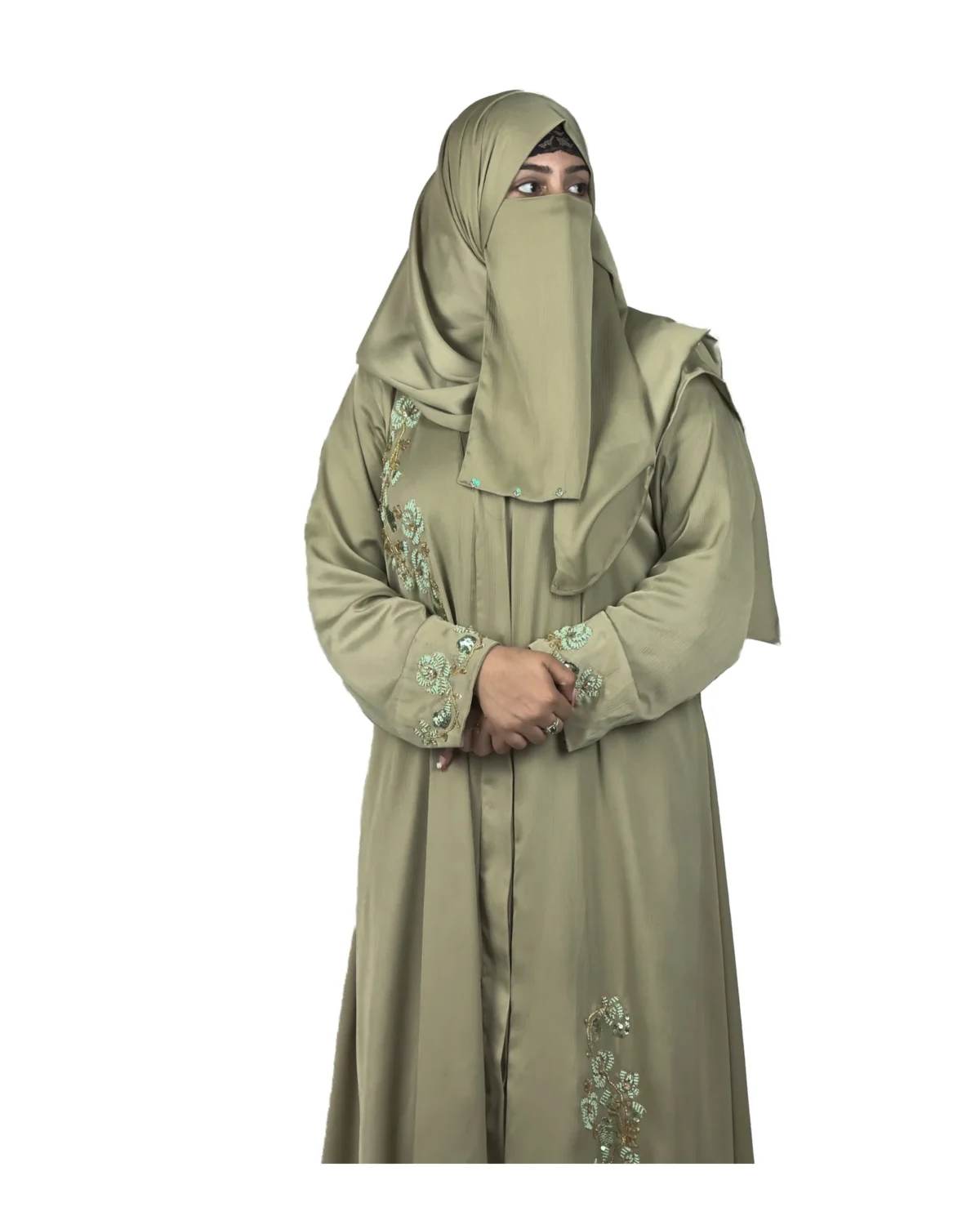 Sage Bloom sage green abaya front view with tone-on-tone floral vine embroidery