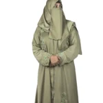 Sage Bloom sage green abaya front view with tone-on-tone floral vine embroidery