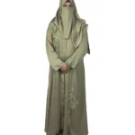 Sage Bloom sage green abaya front view with tone-on-tone floral vine embroidery