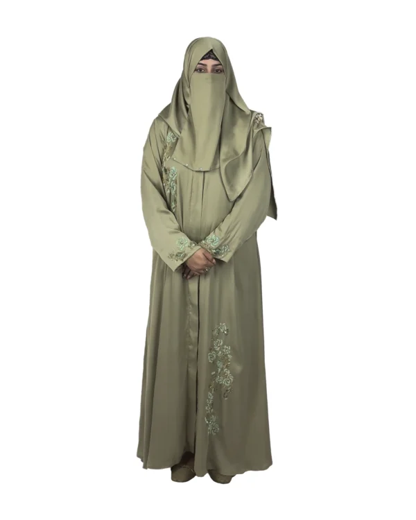 Sage Bloom sage green abaya front view with tone-on-tone floral vine embroidery