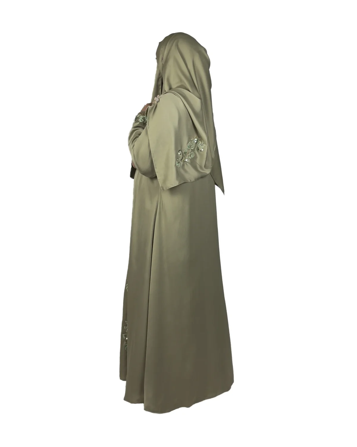 Sage Bloom sage green abaya side profile view with tone-on-tone floral vine embroidery