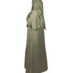 Sage Bloom sage green abaya side profile view with tone-on-tone floral vine embroidery